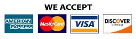 We Accept Visa, Mastercard, AMEX, and Disccover